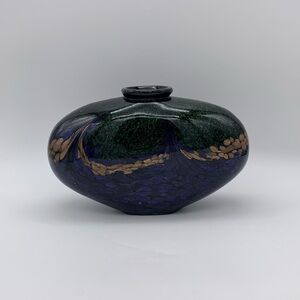 Dale Tiffany Vtg.Studio Heavy Squat Vase Hand Blown Colorful Peacock Gold Accent